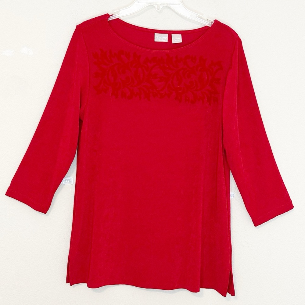 Chico's Travelers Red Tunic Top w/velvet embroidery 3/4 sleeves size - 1